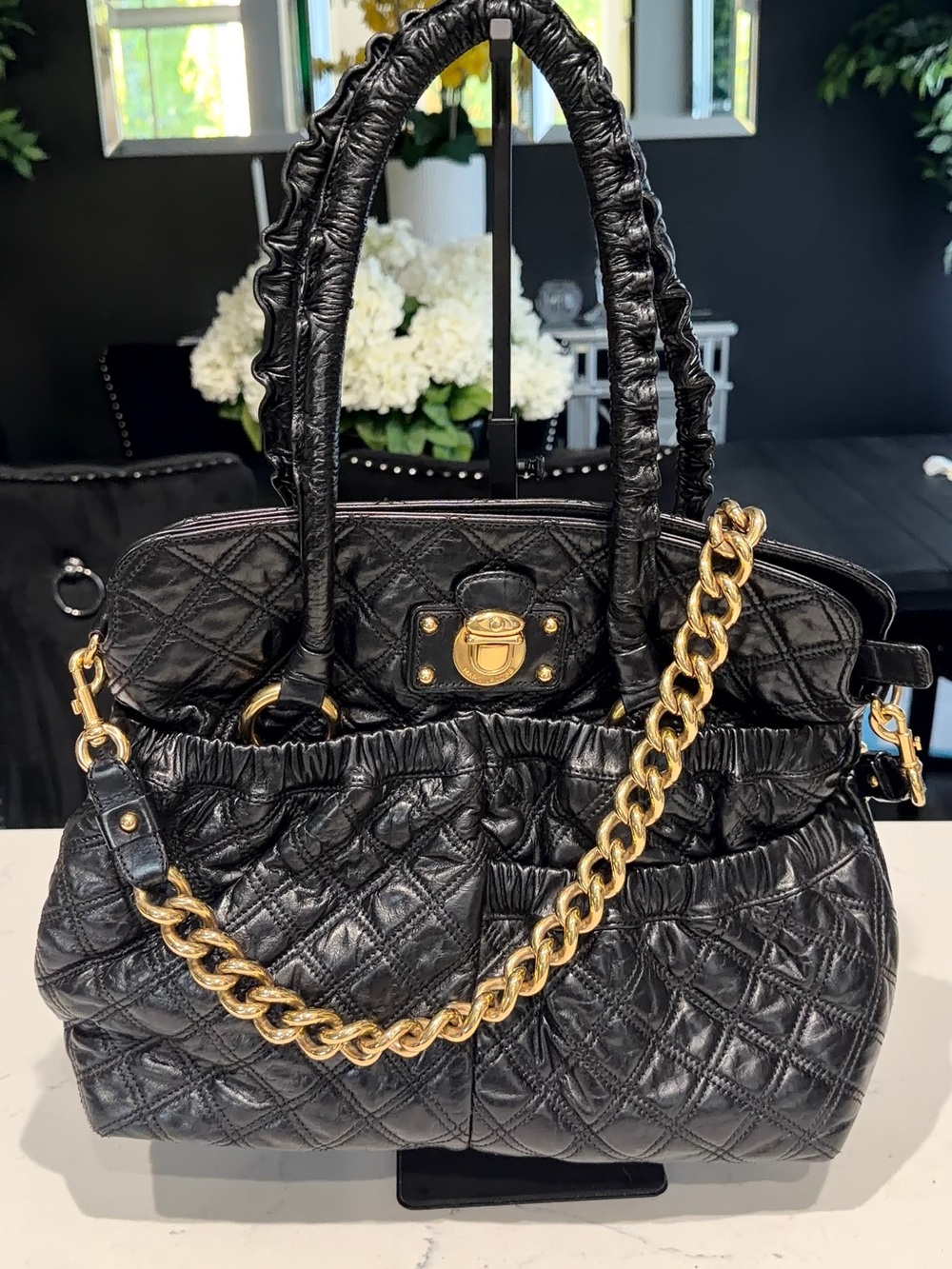 Marc Jacobs Black Quilted Leather Shoulder Bag with Gold Chain